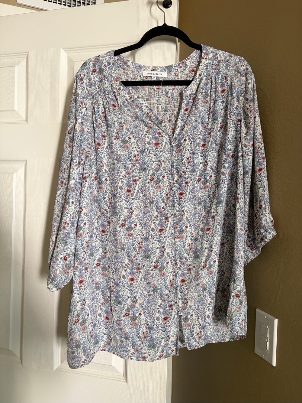 Rose & Olive Light Blue Floral V-Neck Blouse